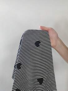 SHEIN 大码黑色条纹心形印花翻领短袖睡衣套装