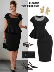 SHEIN Clasi 大码女式花卉装饰拼布波尔卡圆点网眼上衣和中长裙优雅两件套