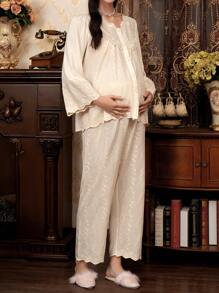 Moonlight&Mama Contrast Floral Trim V-Neck Top & Pants Maternity Pajama Set, Fall Winter Clothes - Apricot - View 3