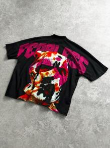 PAVTROS Manfinity Streetrush Men's Streetwear Black Short T-Shirt With A High-Street Style, Showcasing A Dark Illustration Design With Oversized Printed Letters On The Front And Back. Perfect For Hip-Hop - Multicolor - View 3