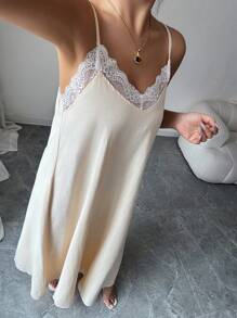 Elenzga 女士优雅撞色蕾丝拼接超长吊带裙 - 杏色 - 查看 7