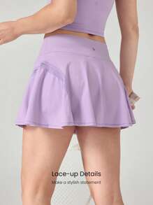 GLOWMODE FeatherFit™-Air Sweat-Wicking Quick-Dry Light Lace Mid-Rise Waist Mini Skirt With Built-In Shorts Side Pockets Non-Slip Grips Yoga Pilates - Mauve Purple - View 2