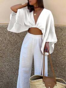 INAWLY Camisa feminina sólida com decote em V profundo e torção frontal, manga comprida, cortada, sexy - Branco - Ver 4