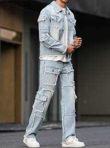 Manfinity LEGND Men's Long Sleeve Frayed Edge Single Breasted Denim Jacket And Cargo Denim Pants Set - Light Wash - View 4