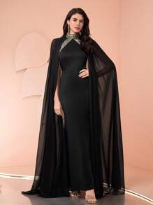 SHEIN Belle Women's Formal Evening Gown (Heavily Embellished), Party Dress, For Wedding Guest - Black - View 4