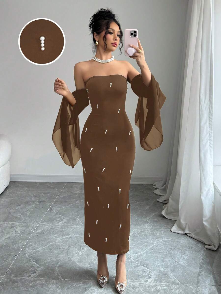 Rafferiza 女士优雅露肩仿珍珠串珠黑色性感紧身可爱派对舞会抹胸雪纺透视喇叭袖 2025 新款长裙 - 咖啡 - 查看 1