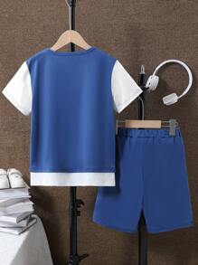 SHEIN Tween Boy Letter Print Crew Neck Short Sleeve T-Shirt And Shorts Casual 2 Pieces Set