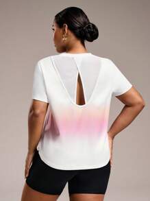Easithlete Plus Size Ombre Print Criss-Cross Mesh Panel Short Sleeve Crew Neck Active Top, Spring/Summer - White - View 5