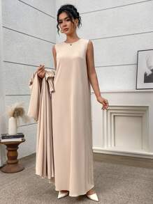 Yasmyna 2pcs Women Elegant Solid Pleated Flare Sleeve Dress & Jacket Set Pleated Dresses For Women - Apricot - View 6