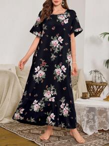 Serenescape Camisón largo con estampado floral y dobladillo con volantes abullonados