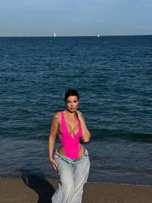 Swim SXY Women One-Piece Sexy Deep V-Neck High Leg Backless Swimsuit For Summer Beach Vacation - Hot Pink - View 7