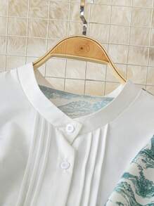 SHEIN LUNE 大码随机印花夏季休闲纽扣半襟连衣裙 - 藍白色 - 查看 3