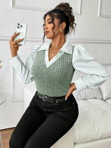 SHEIN LUNE 1pc Women Plus Size Patchwork 2 In 1 Pullover Casual Top - Multicolor - View 7