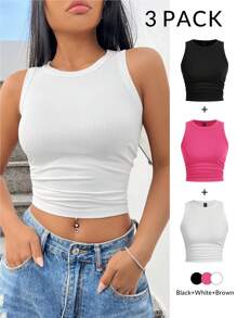 SHEIN EZwear 女士多色针织休闲百搭修身吊带背心 - 玫紅色 - 查看 4