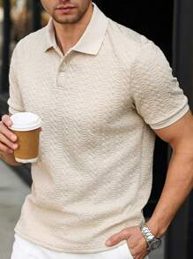 Manfinity Bizformal Men's Apricot Striped Heart Textured Fabric Casual Polo Shirt, Polo Shirts For Men Button Up , Polo T Shirt Men , Polos For Men - Apricot - View 6