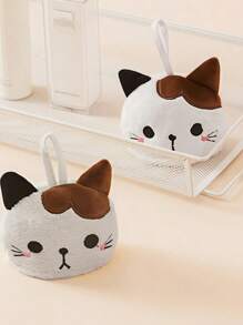 SHEIN 1pc Cute Cartoon Cat Hand Towel - Soft Coral Fleece Pocket Towel For Bathroom And Kitchen - Absorbent And Dual-Use Wipe Towel Home Bathroom Decor Summer