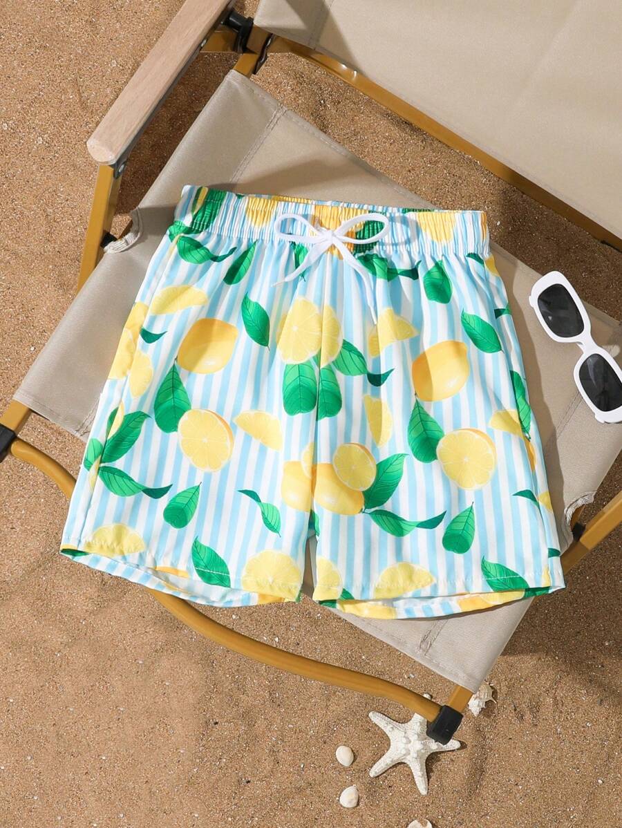SHEIN Tween Boy Summer Tropical Fruit Print Elastic Waist Drawstring  Beach Shorts, Stylish Casual Striped Swim Trunks Summer Holiday - Multicolor - View 1