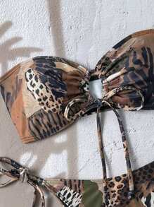 Swim Vcay 2pcs Women's Random Print Bandeau Tied Sexy Strapless Bikini Set, Summer - Multicolor - View 3
