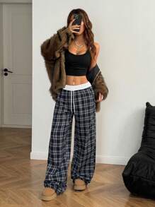 Coolane Women's Summer Streetwear Going Out Casual Loose Checked Wide Leg Pants