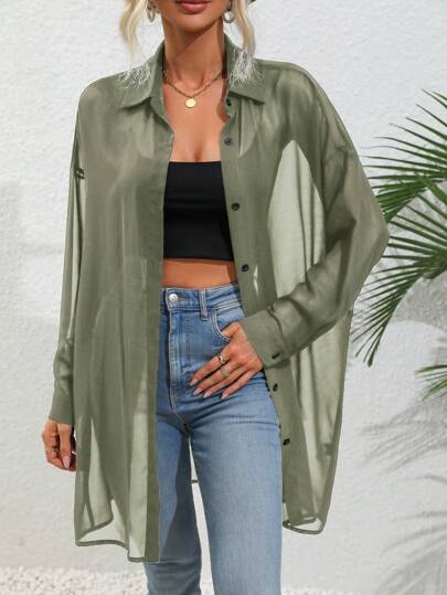 SHEIN LUNE Women's Solid Color Dropped Shoulder Long Sleeve Single-Breasted Loose Casual Shirt Fall Cloth For Women