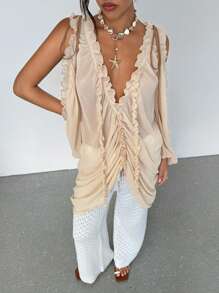 Aloruh Blusa bohemia de mujer en gasa de color albaricoque con cuello en V profundo con volantes y terciopelo