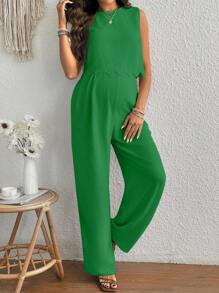 SHEIN 两件套亚麻孕妇装，无袖后系带款式，孕妇简约休闲日常穿着 - 綠色 - 查看 4