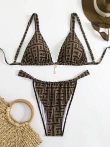 Swim Vcay Bộ bikini gợi cảm họa tiết kim loại in ngẫu nhiên cỡ lớn 2 chiếc/bộ dành cho nữ, kỳ nghỉ hè ở bãi biển - Nhiều màu - Xem 1