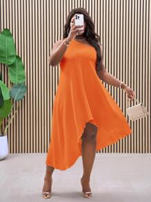 Slaydiva Plus Size Elegant Solid Color Asymmetric Hem Dress - Orange - View 1