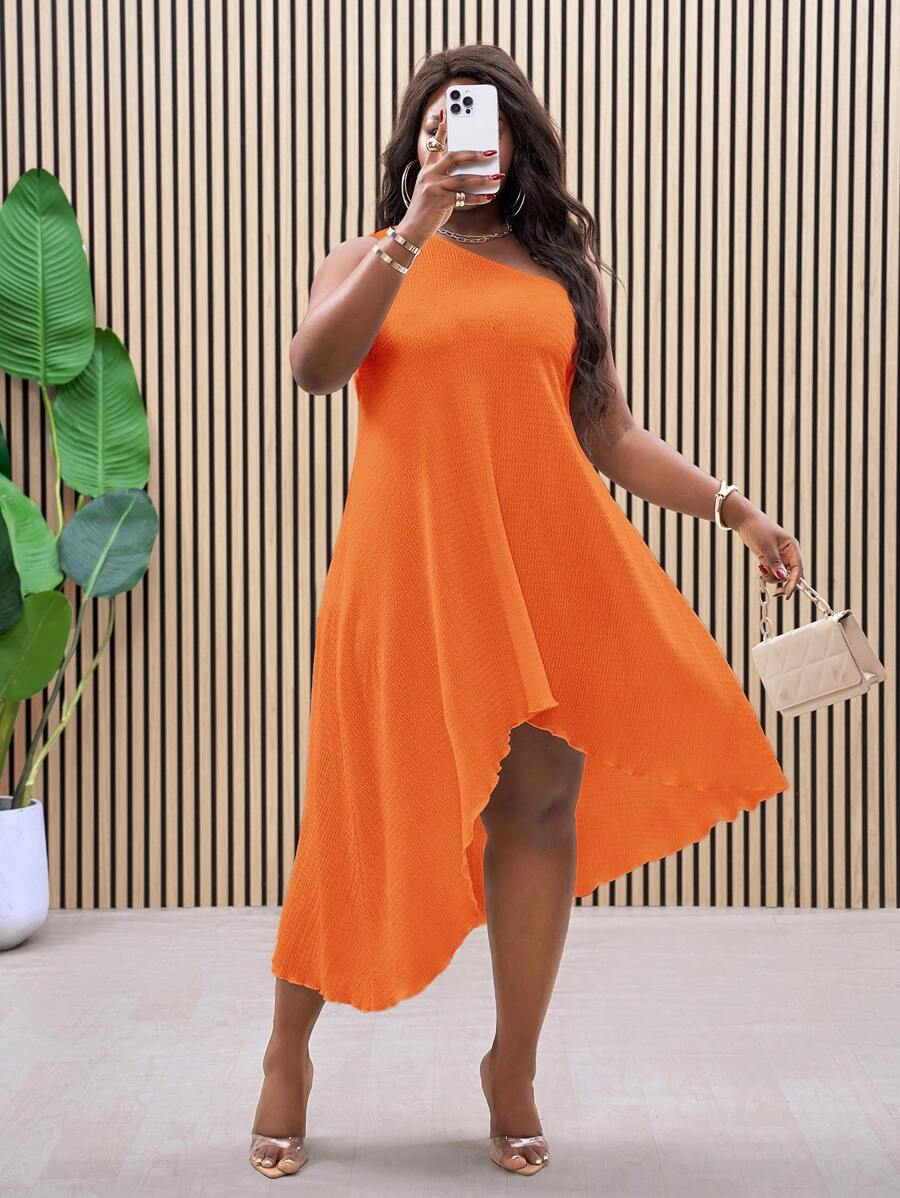 Slaydiva Plus Size Elegant Solid Color Asymmetric Hem Dress - Orange - View 1