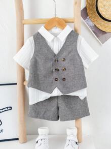 Set de 2 piezas con chaleco y pantalones cortos grises con botonadura doble informal y estilo coreano para niño/niña, adecuado para fiesta de cumpleaños, fiesta de noche, actuación, boda, celebración del mes, bautizo y primer cumpleaños, fiesta de bebé
