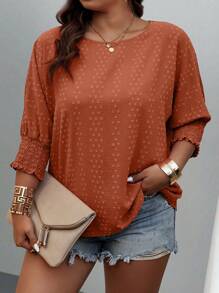 Plus Size Casual Solid Textured Batwing Sleeve Shirt - Rust Brown - View 3