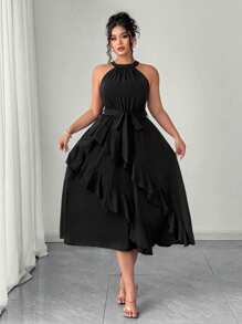 Elenzga 大码女式优雅荷叶边下摆连衣裙