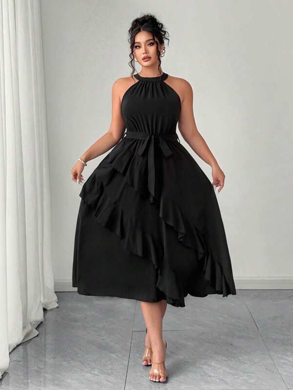 Elenzga Plus Size Women Elegant Ruffle Hem Dress