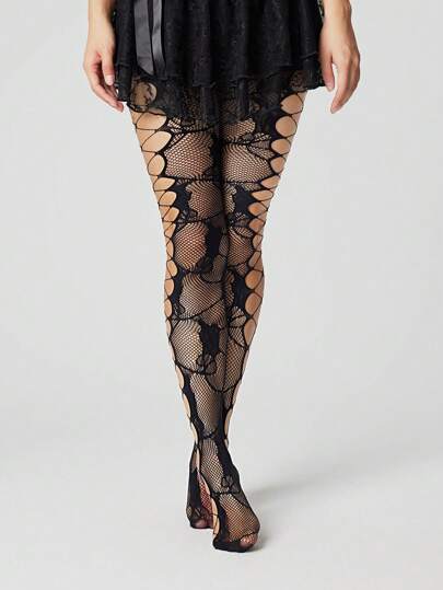 Goth 1 par de medias de red cruzada negra con diseño floral hueco del Museo de Muñecas