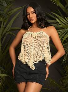 SHEIN SXY Women's Vacation Solid Color Hollow Out Sexy Halter Knitted Top - Beige - View 6