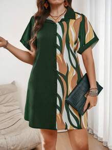 SHEIN LUNE Plus Size Solid Color Splicing Button Up Short Sleeve Casual Mini Dress Summer Spring Outfits For Women St Patrick Office Outfits For Women Business Casual Woman Dress Easter Vacation - Multicolor - View 4