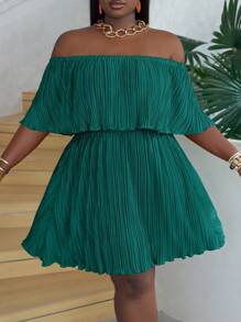 Slaydiva Off-Shoulder Ruffled Neckline Loose Green Dress In Pleated Fabric - Mint Blue - View 6