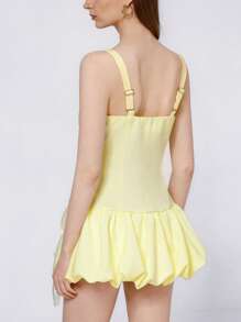 SHEIN Unity Punk-Romantic Collegiate Style Dark Blue Striped Tie Strap Bow Decorated Camisole Dress With Pleated Hem For Women - Yellow - View 2