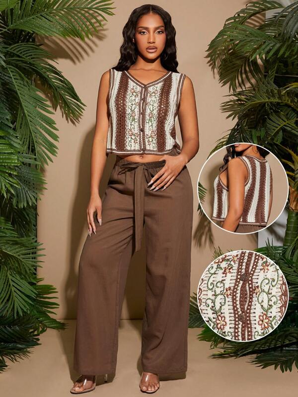 SHEIN SXY Vintage Patchwork Casual Handmade Crochet Short Vest With Embroidery Knit Top