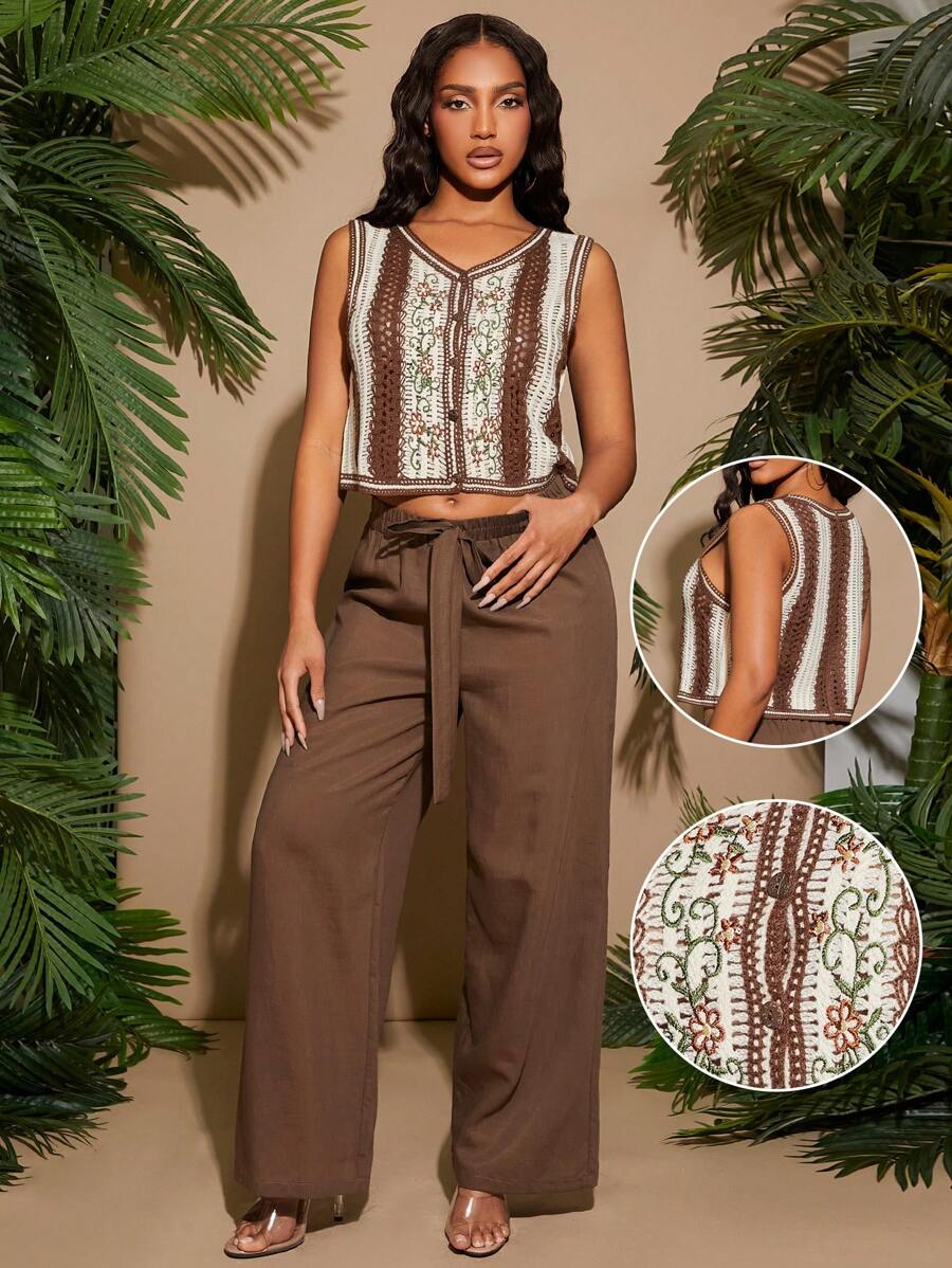 SHEIN SXY Vintage Patchwork Casual Handmade Crochet Short Vest With Embroidery Knit Top - Apricot - View 1