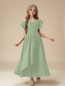 Tween Girl' V-Neck Short Puff Sleeve Ruffle Waist Dress, Elegant & Simple, Suitable For Flower Girl, Bridesmaid, Wedding, Vacation - Green - View 1