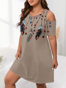 EMERY ROSE Plus Size Casual Feather Print Full Coverage Dress, Suitable For Summer - Multicolor - View 3