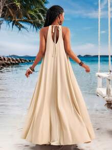 Slaydiva 2025 Summer New Arrival Music Festival, Easter, Western, Nomadic, St. Patrick's Day, Birthday Party, Graduation, Student, Casual, All-Match Matching, Leisure, Vacation, Cruise Travel, Beach, Sunbathing, Viral Asymmetrical Hem, Back Tie, V-Neck, Flared A-Line, Apricot Color Women Dress