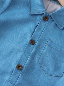 SHEIN 1pc Young Boy Casual Stylish Denim Effect Overall With Short Sleeve Collared Button-Front Shirt, Fashionable & Versatile Summer Outfit - Blue - View 4