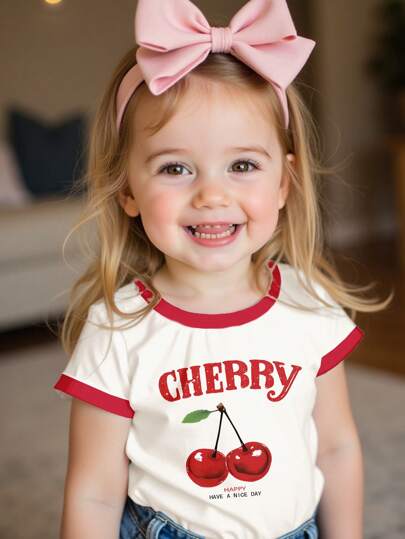 SHEIN 女宝宝复古美国樱桃印花休闲撞色圆领短袖 T 恤，上衣适合夏季