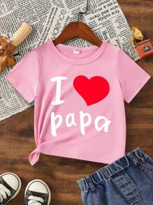 SHEIN Playful Pals Baby Girl Minimalist Fashion Letter & Heart Print Short Sleeve Top, Summer - Pink - View 3