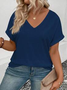 SHEIN Women's Casual V-Neck Cuffed Sleeve Short Sleeve All-Match Versatile Plus Size T-Shirt, Spring/Summer - Navy Blue - View 3