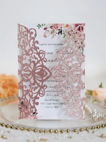 SHEIN 20 thiệp mời cưới thiết kế hoa hồng rỗng lấp lánh vàng kèm phong bì và thiệp RSVP, ruy băng buộc sẵn, dùng cho đám cưới, tiệc cô dâu, tiệc đính hôn, kỷ niệm quà tặng tuyệt vời nhất - Hồng - Xem 6