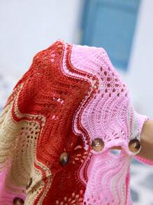 Skyraze 女士时尚波浪条纹渐变色 Polo 领短袖薄款开衫，女士夏季服装女式两件套，夏季海滩度假 - 彩色 - 查看 6