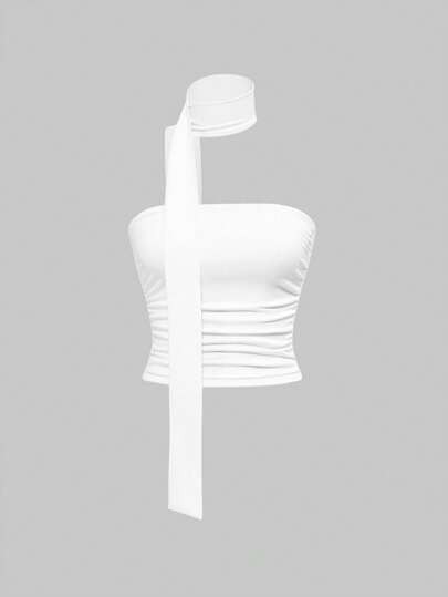 Grunge Punk Y2K Stil eng anliegender Leoparden Muster Bandeau Top mit Raffung für Frauen